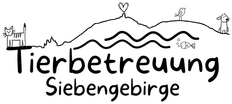 Logo Tierbetreuung Siebengebirge mit Katze, Hund, Vogel und Fisch vor der Siebengebirge-Silhouette